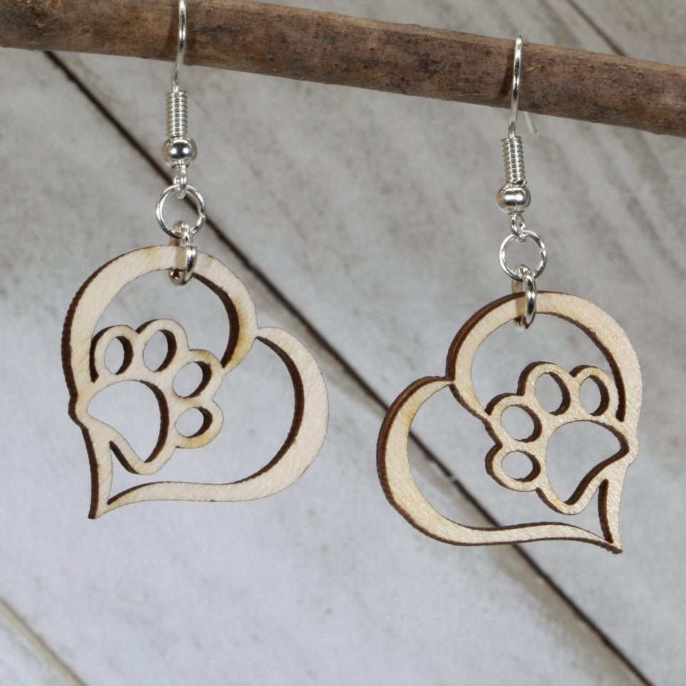 Heart Paw Print Wooden Dangle Earrings | Pet Lover Jewelry
