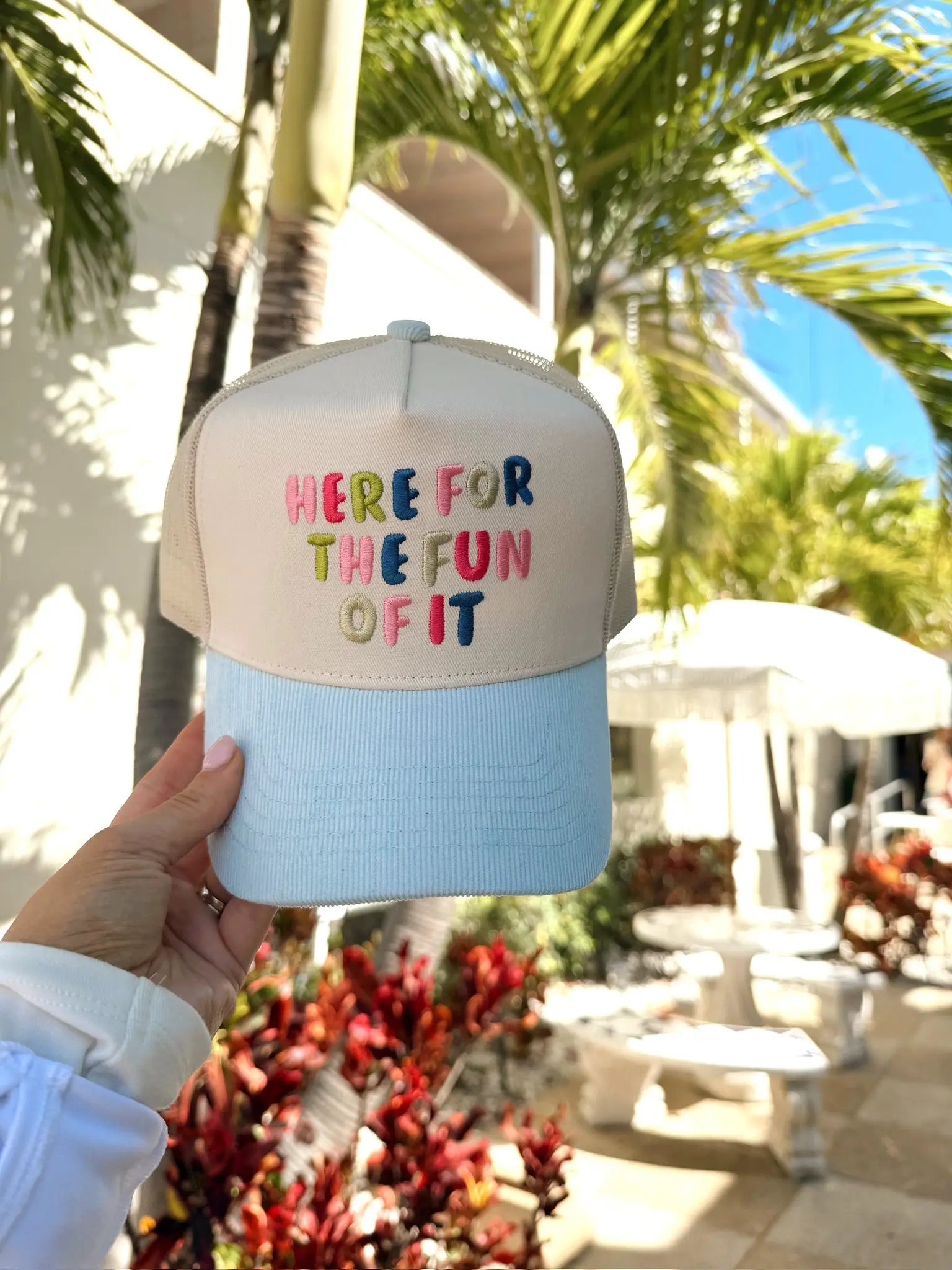 Here for the Fun of it - Baby Blue Corduroy Trucker Hat - PREORDER KenzKustomz