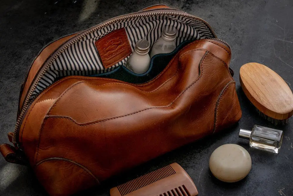 Heritage Leather Stateroom Toiletry Wash Bag by Mission Mercantile Leather Goods, natural skincare main product photo