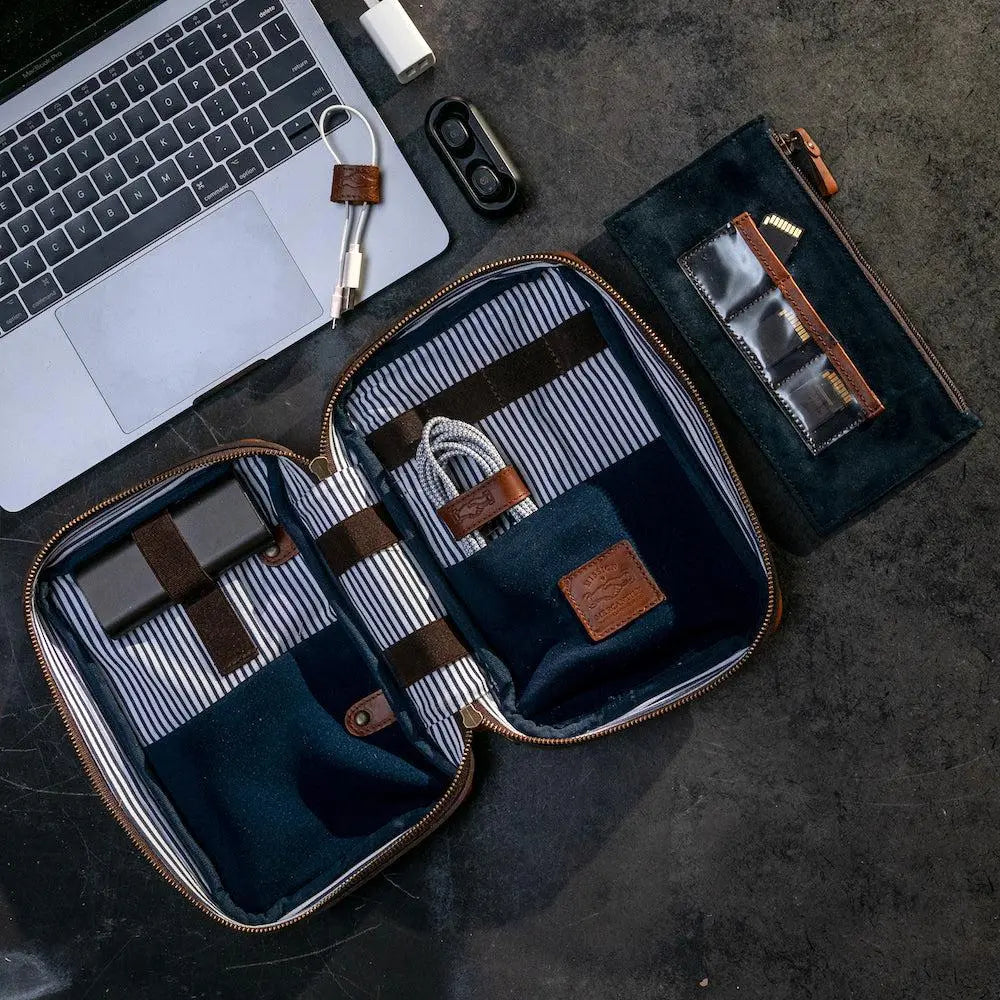 Heritage Leather "Doc" Electronics Organizer / Toiletry Kit by Mission Mercantile Leather Goods, natural skincare detail photo 4