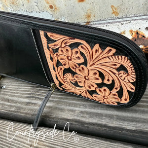 Heritage Tooled Leather Carry Case, black with floral pattern and zipper closure.