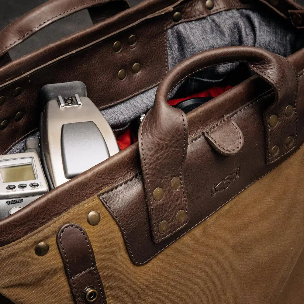 Heritage Waxed Canvas Lineman Duffle Bag by Mission Mercantile Leather Goods, handmade leather goods detail photo 2