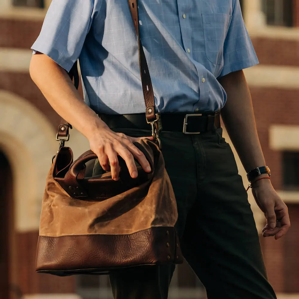 Heritage Waxed Canvas Medium Ice Block Tote Bag by Mission Mercantile Leather Goods, handmade leather goods main product photo