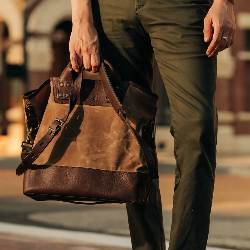 Heritage Waxed Canvas Medium Ice Block Tote Bag by Mission Mercantile Leather Goods, handmade leather goods detail photo 2
