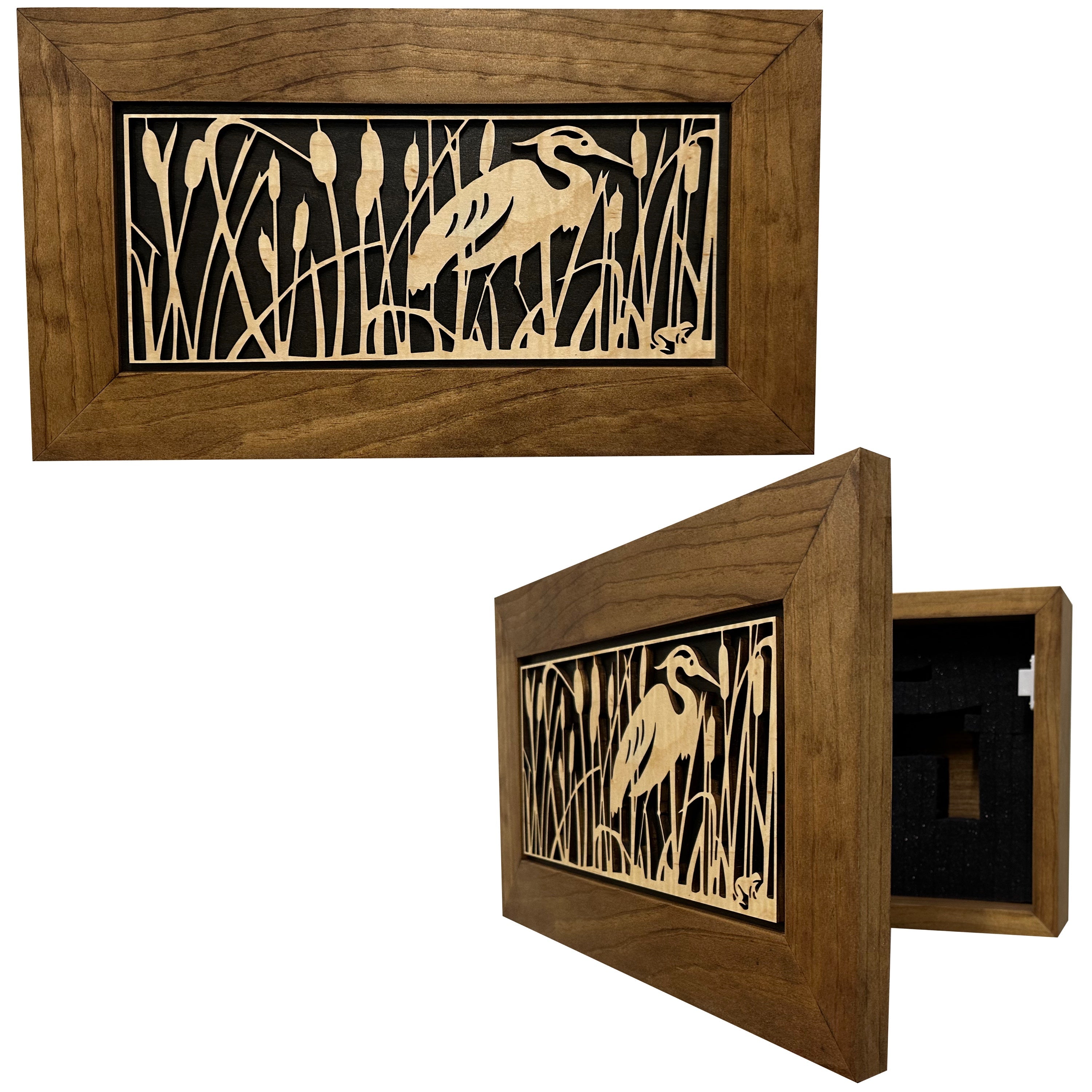 Decorative Gun Safe Heron in Cattails Wall-Mounted Gun Cabinet To Securely Store Your Gun In Plain Sight by Bellewood Designs, Southern home decor main product photo