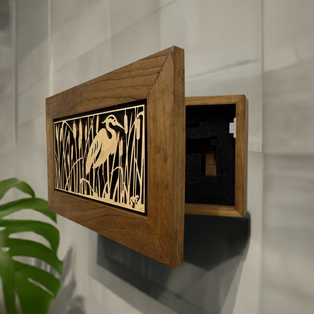 Decorative Gun Safe Heron in Cattails Wall-Mounted Gun Cabinet To Securely Store Your Gun In Plain Sight by Bellewood Designs, Southern home decor detail photo 2