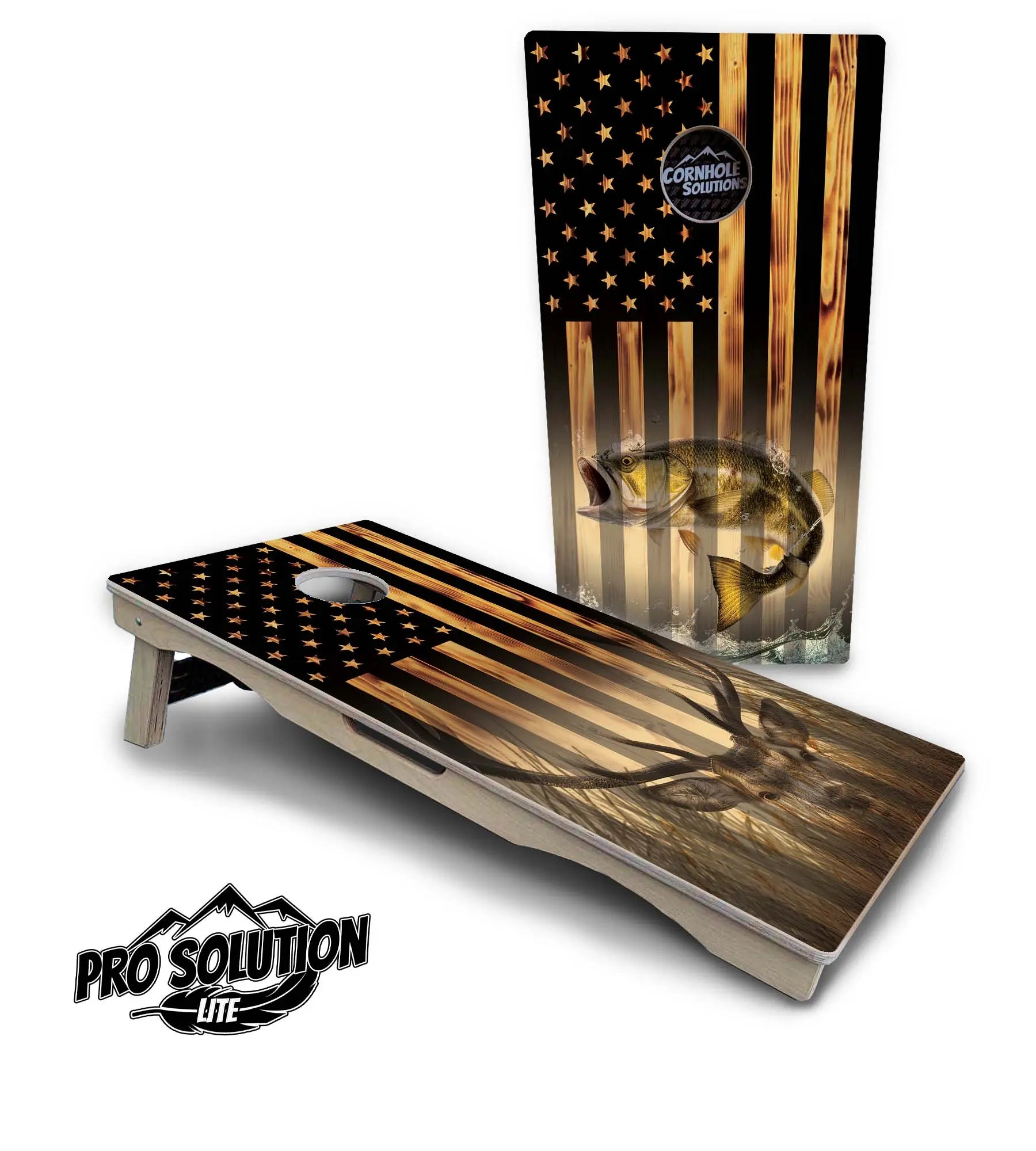Hidden Deer & Fish Flag Cornhole Boards - Pro Solution Lite Series by Cornhole Solutions, custom cornhole board main product photo