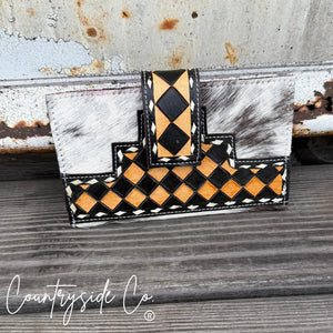 High Plains checkered cowhide wallet with brown and black diamond pattern.
