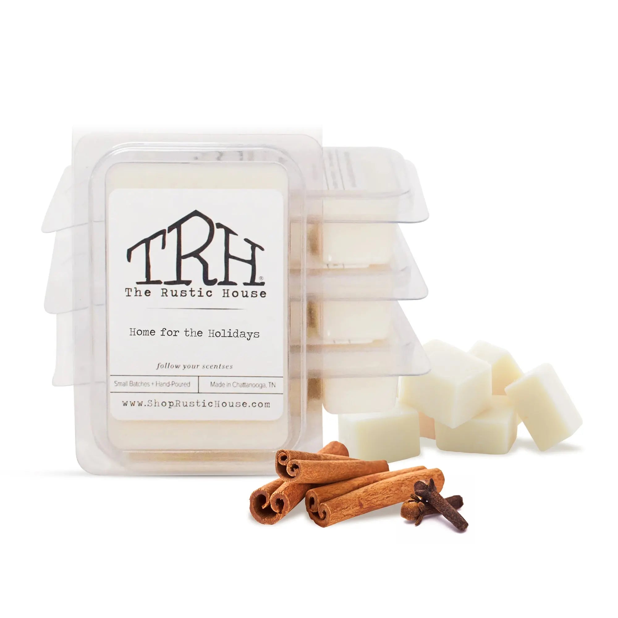 The Rustic House "Home for the Holidays" wax melt with cinnamon sticks and cloves.