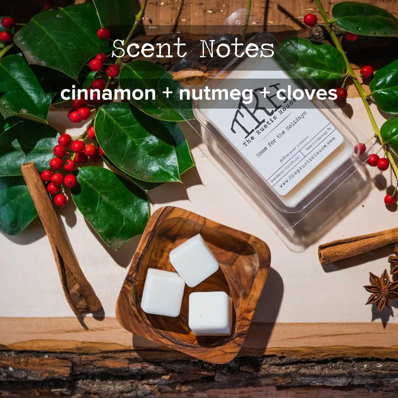 Wax melts with cinnamon, nutmeg, and cloves scent notes in a clear container.