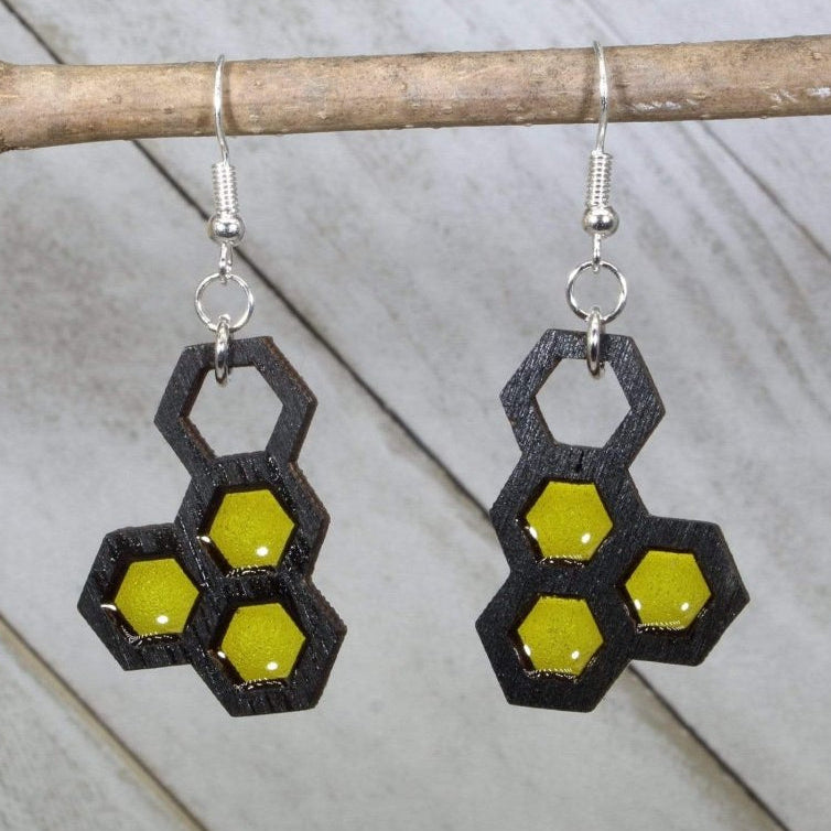 Honeycomb Wood and Resin Dangle Earrings | Bee Jewelry