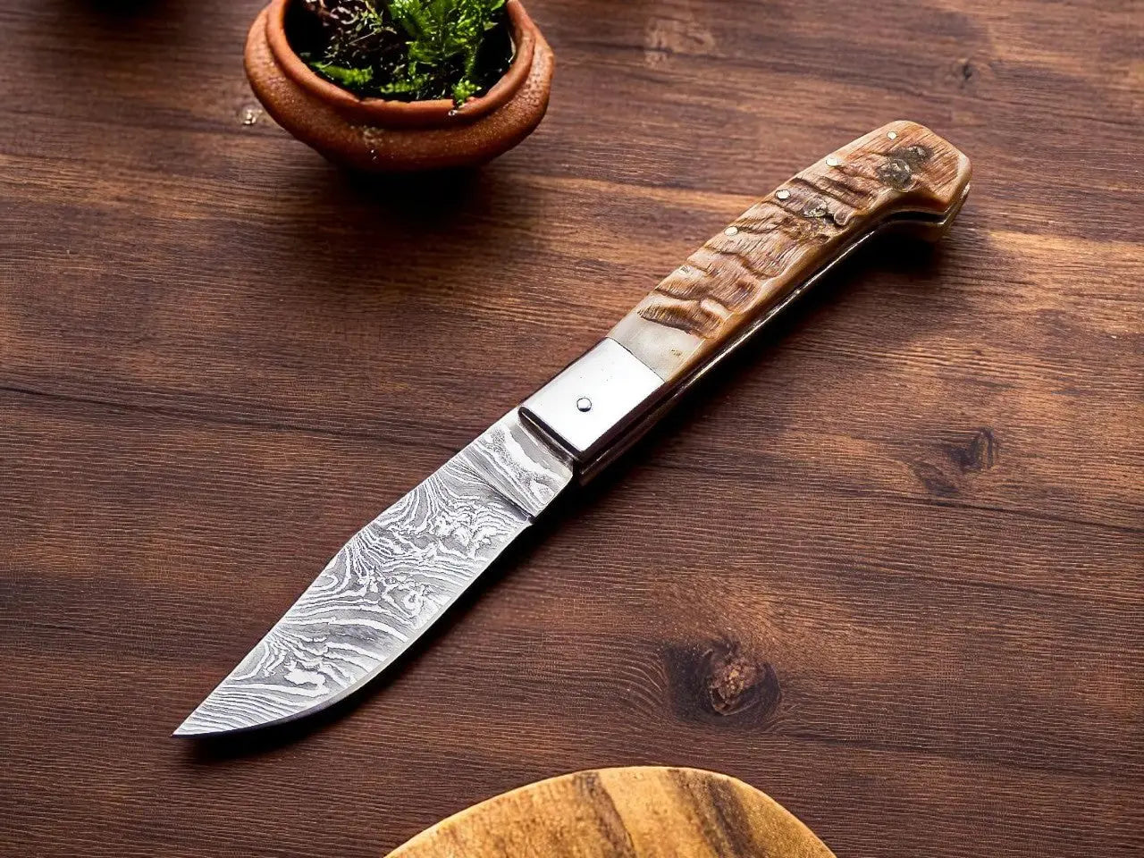 Horn Handle Damascus Folding Knife with Leather Case by Damascus Knife Store, Damascus knife main product photo