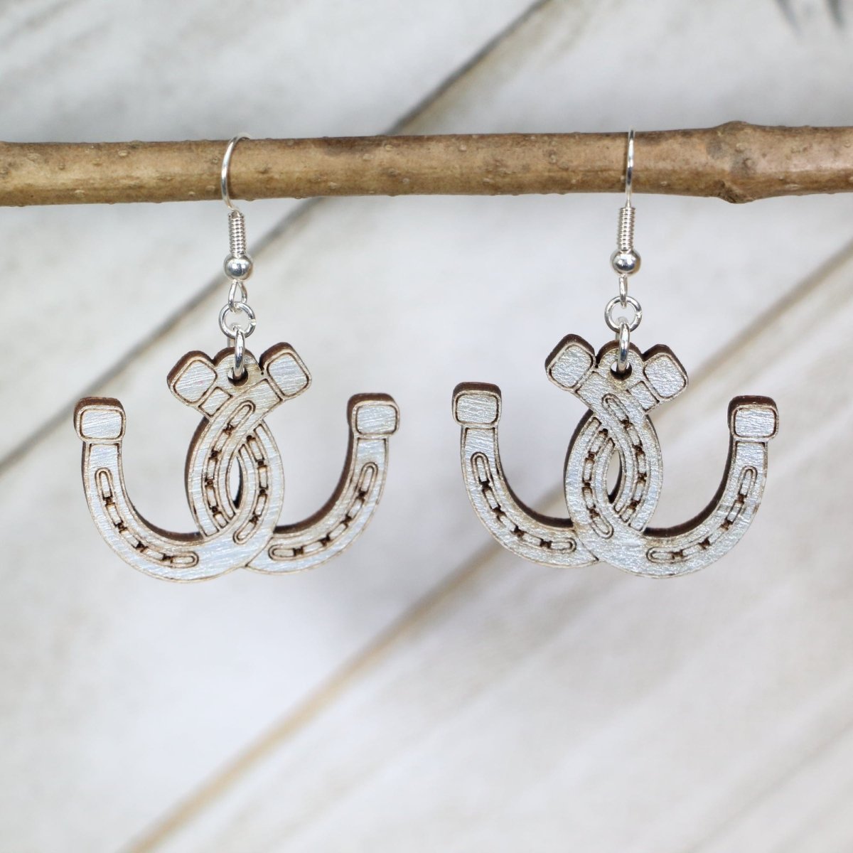 Horseshoe Wooden Dangle Earrings | Western Lucky Jewelry by Cate's Concepts, LLC, handmade jewelry main product photo