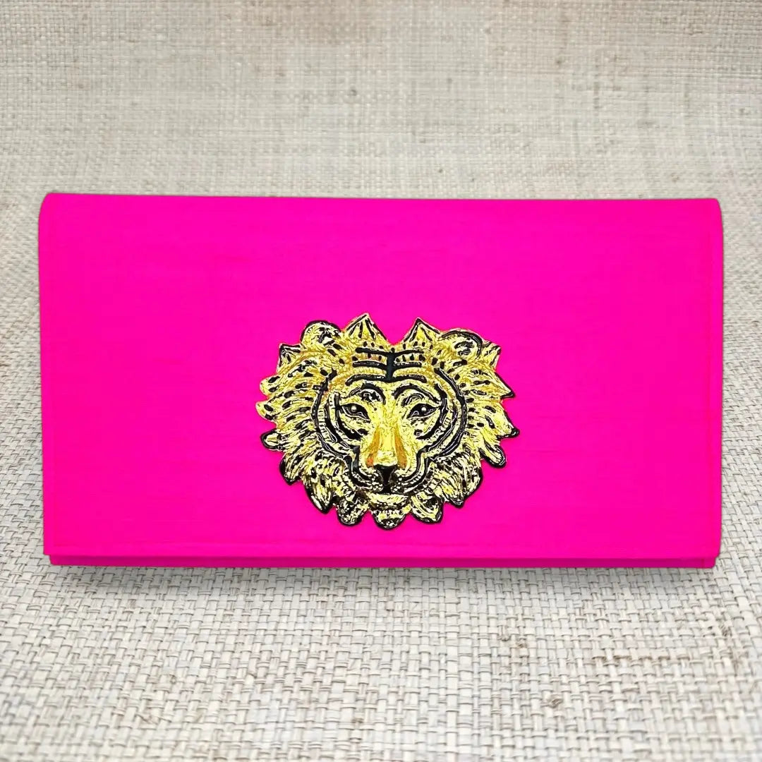 Hot Cindy Clutch in hot pink Dupioni silk with gold lion head applique