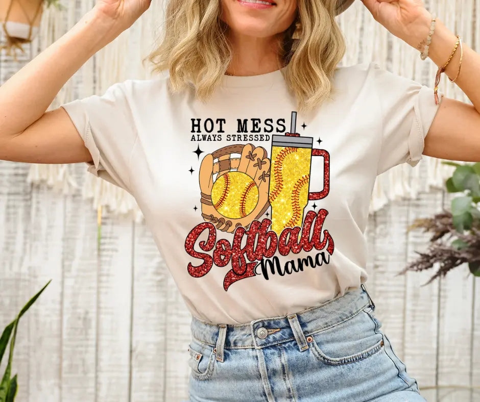 Hot Mess Always Stressed Softball Mama by Southern Backroad Tees LLC, graphic tee main product photo