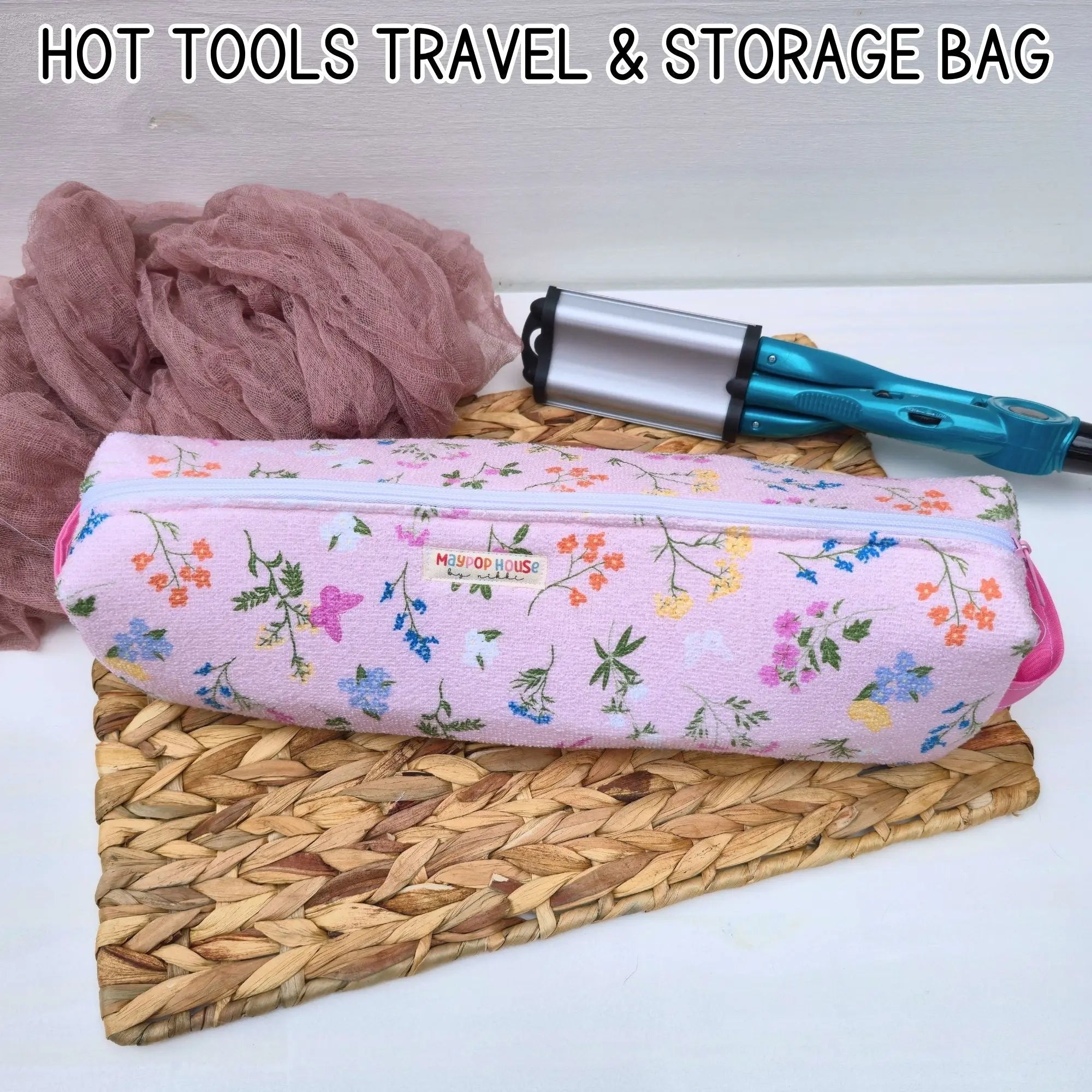 Hot Tool Storage Bag, Floral Boxy Zipper Pouch, Hair Tool Travel Case, Curling Iron Storage, Blow Dryer Organizer by Maypop House Designs, natural skincare main product photo