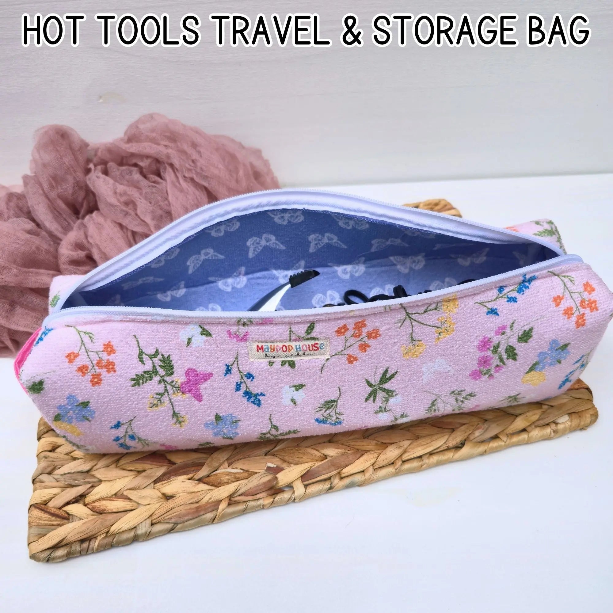 Hot Tool Storage Bag, Floral Boxy Zipper Pouch, Hair Tool Travel Case, Curling Iron Storage, Blow Dryer Organizer by Maypop House Designs, natural skincare detail photo 2