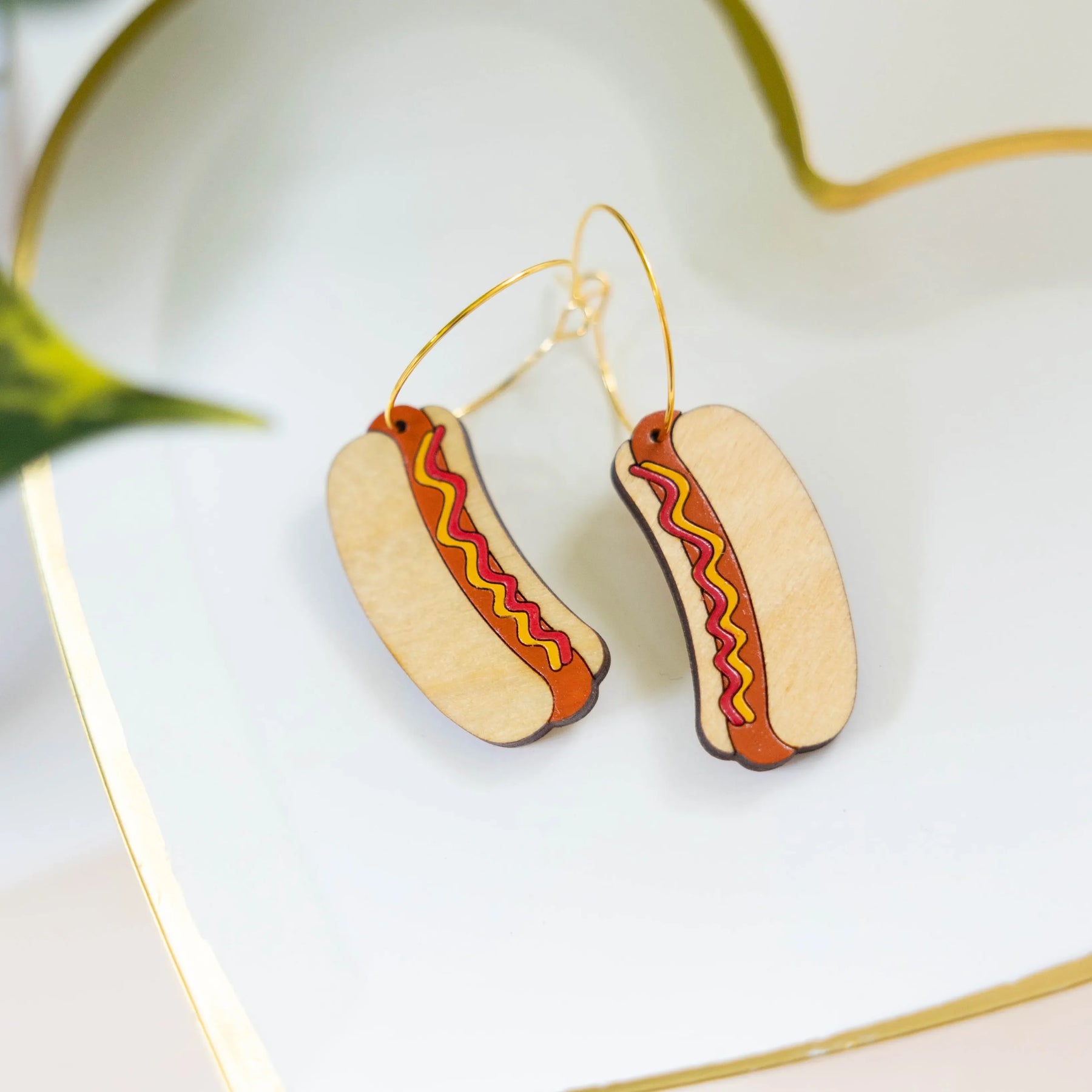 Hot Dog Hoop Earrings hand painted on lightweight wood by LE CHIC MIAMI