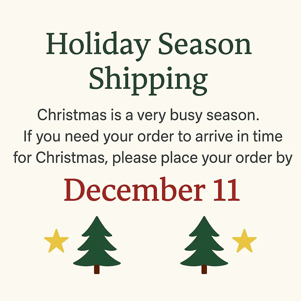 Christmas Shipping Deadline: Order by December 11th! Holiday season shipping announcement with trees and stars.