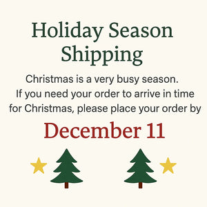 Christmas Shipping Deadline: Order by December 11th! Holiday season shipping announcement with trees and stars.