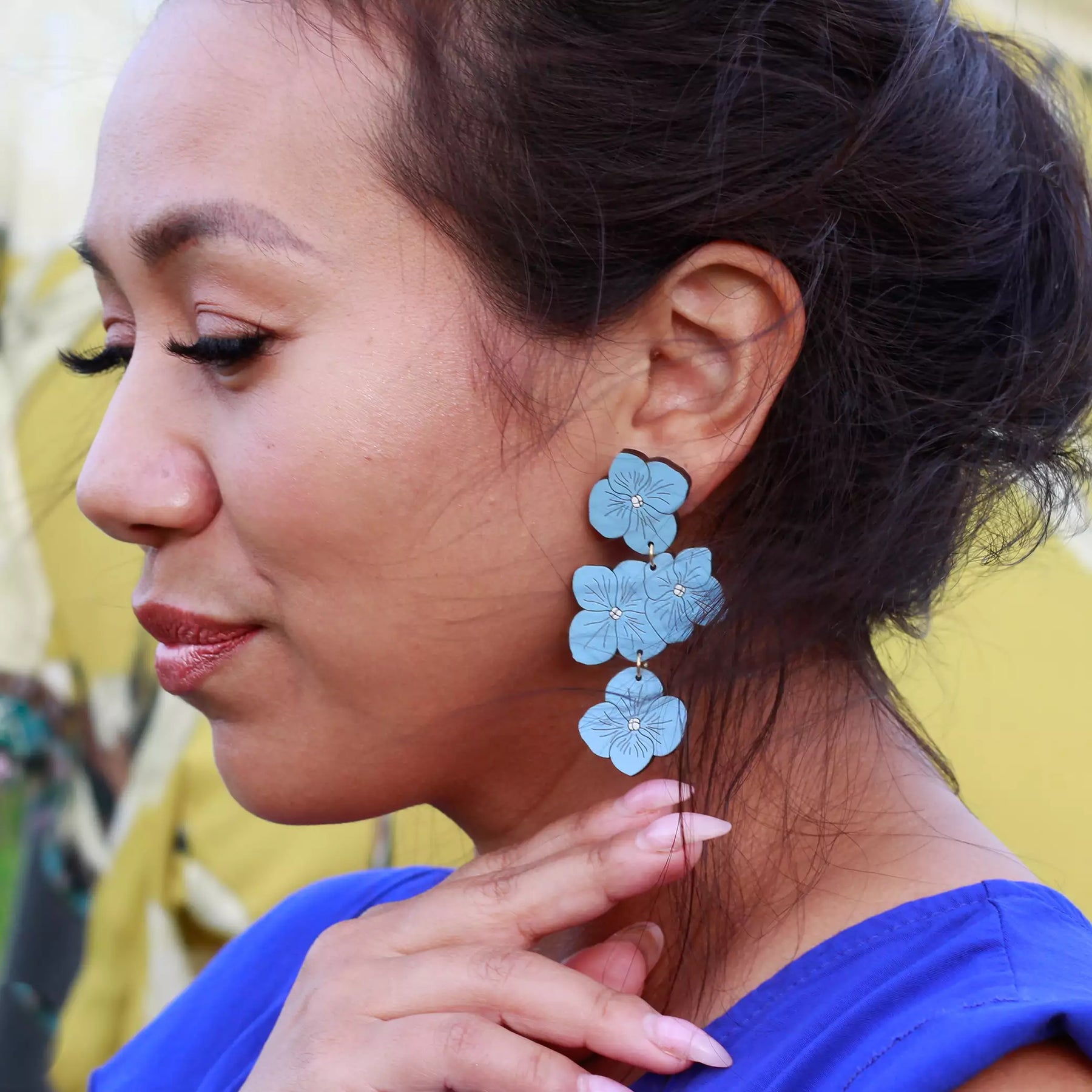 Additional view of Powder Blue Hydrangea Statement Earrings hand painted on lightweight wood by LE CHIC MIAMI