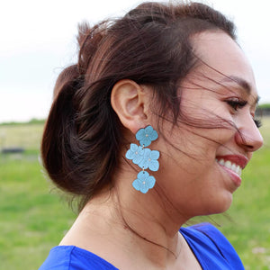 Additional view of Powder Blue Hydrangea Statement Earrings hand painted on lightweight wood by LE CHIC MIAMI
