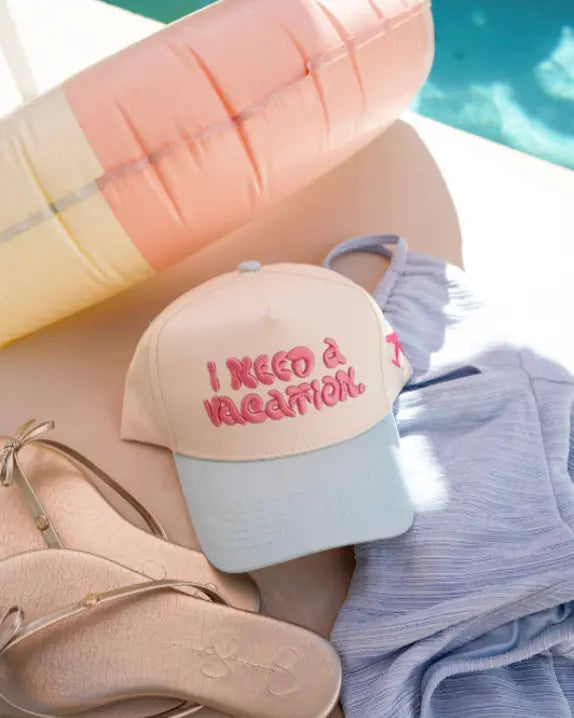 I Need a Vacation - Baby Blue Trucker Hat by KenzKustomz, Southern lifestyle apparel main product photo