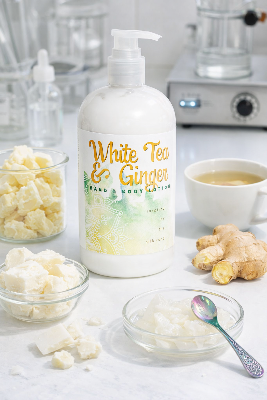 White Tea & Ginger Hand & Body Lotion 16 Oz Or 2 Oz by Essential Journeys, Southern food gift detail photo 2