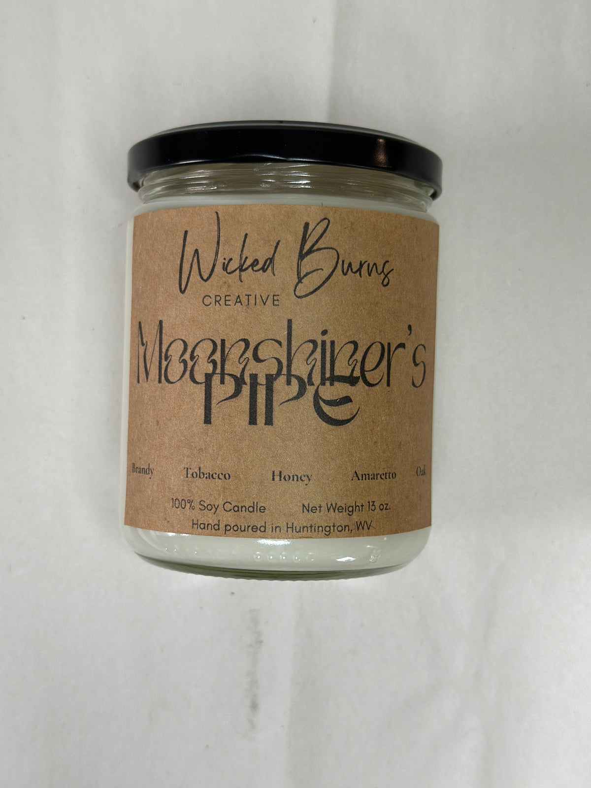 Moonshiner’s Pipe tobacco, brandy and oak soy candle
