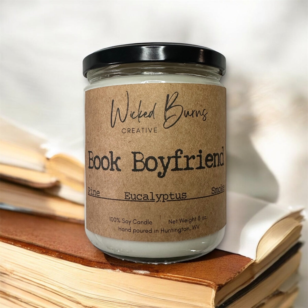 Book Boyfriend pine, smoke and tonka bean soy candle