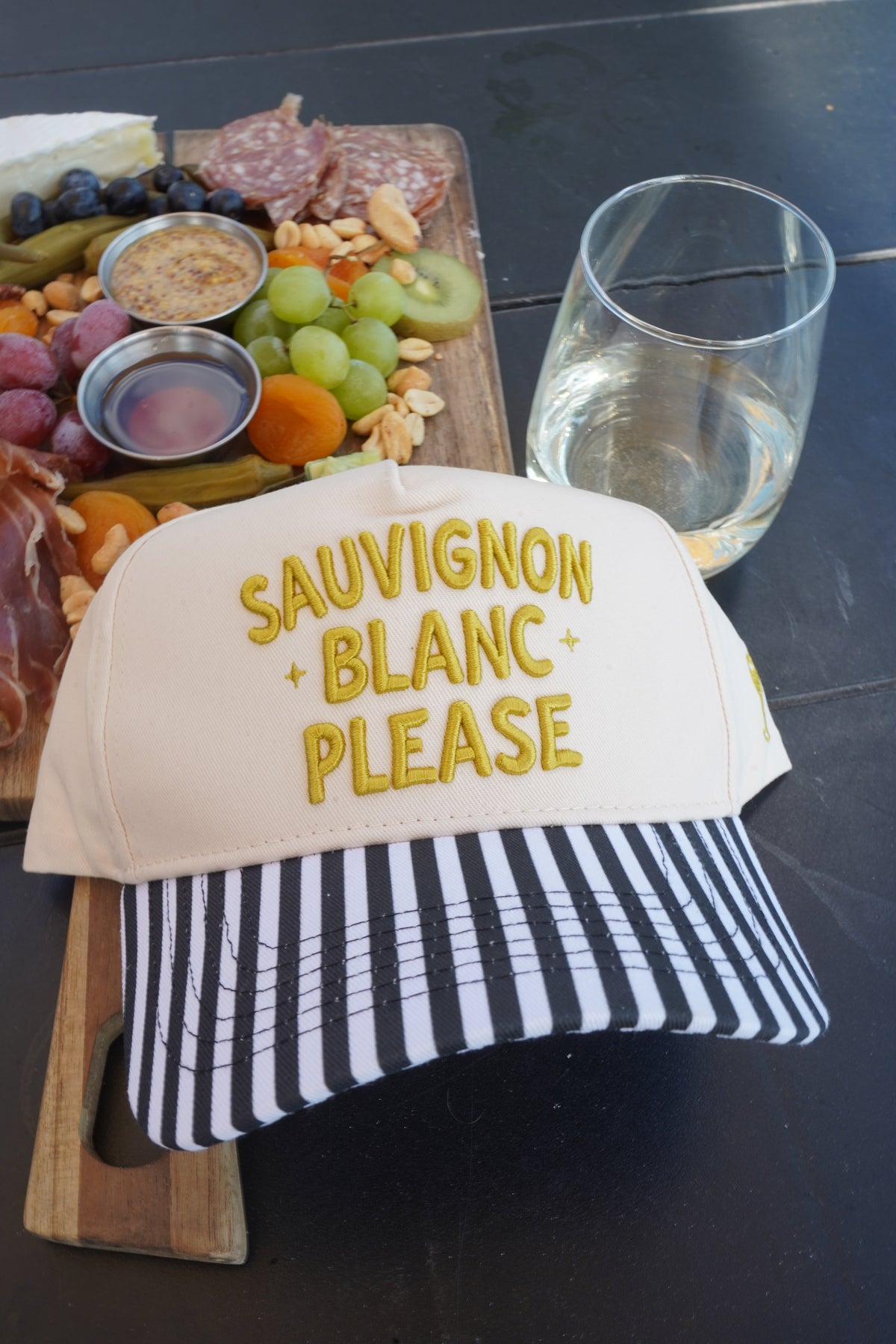Sauvignon Blanc Please - Black & White Stripe Trucker Hat by KenzKustomz, view 2
