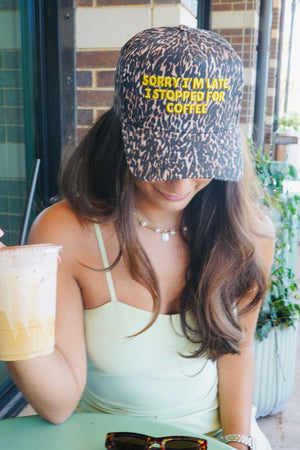Sorry I'm Late, I Stopped for Coffee - Luxe Leopard Trucker Hat by KenzKustomz, view 41