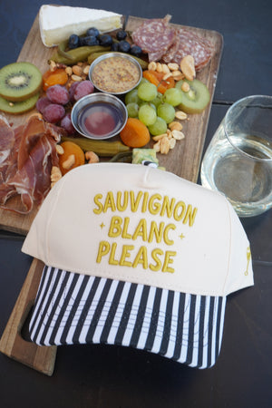 Sauvignon Blanc Please - Black & White Stripe Trucker Hat by KenzKustomz, view 4