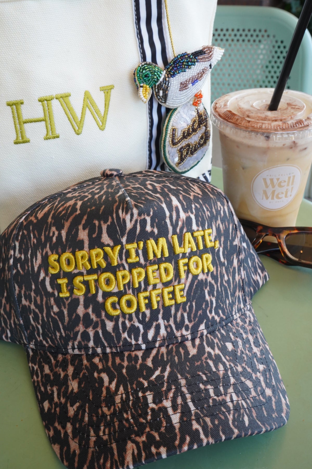 Sorry I'm Late, I Stopped for Coffee - Luxe Leopard Trucker Hat by KenzKustomz, view 16