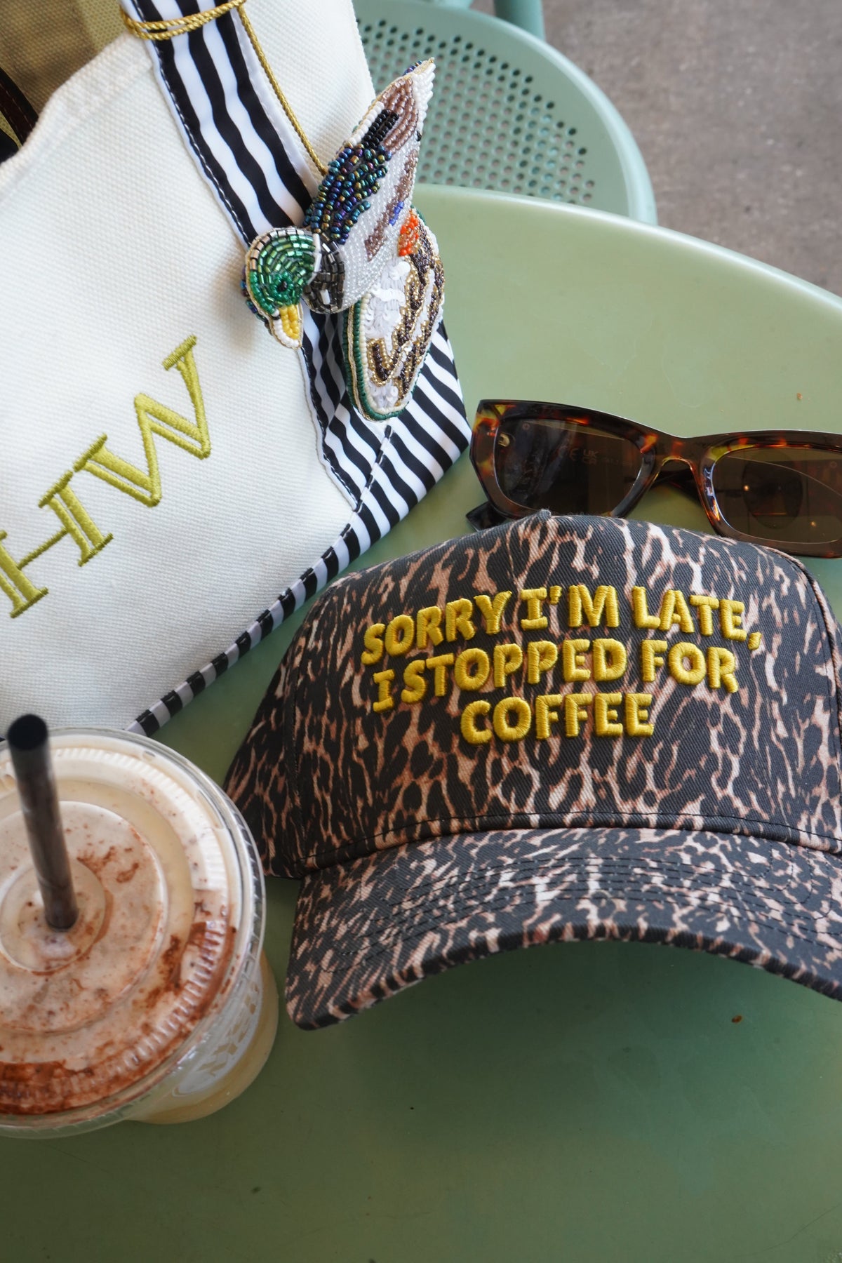Sorry I'm Late, I Stopped for Coffee - Luxe Leopard Trucker Hat by KenzKustomz, view 14