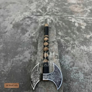 Hand Engraved Double Headed Viking Axe with Nordic Knotwork and Leather Wrapped Handle