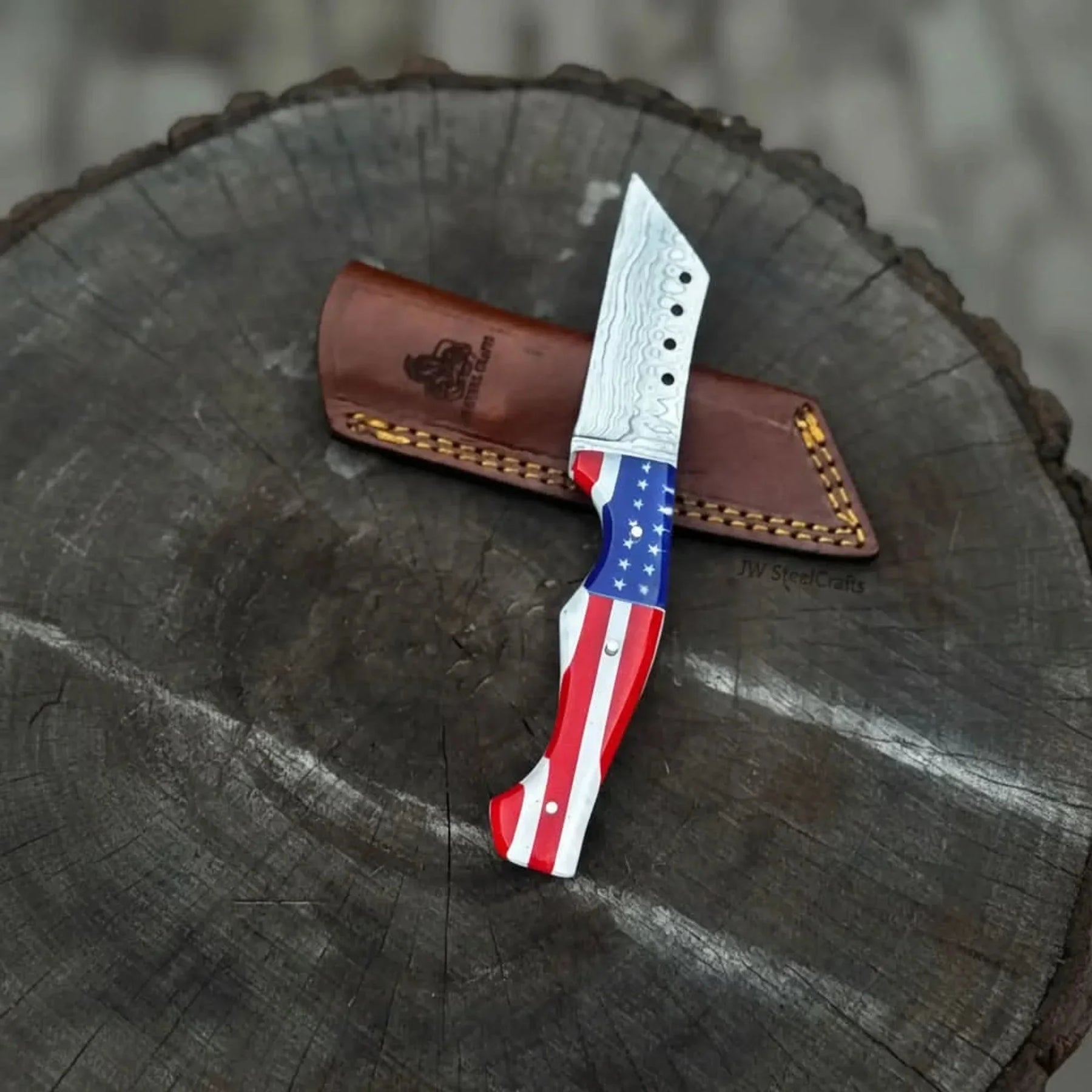 Damascus Tanto Fixed Blade Knife with American Flag Resin Handle, and Leather Sheath
