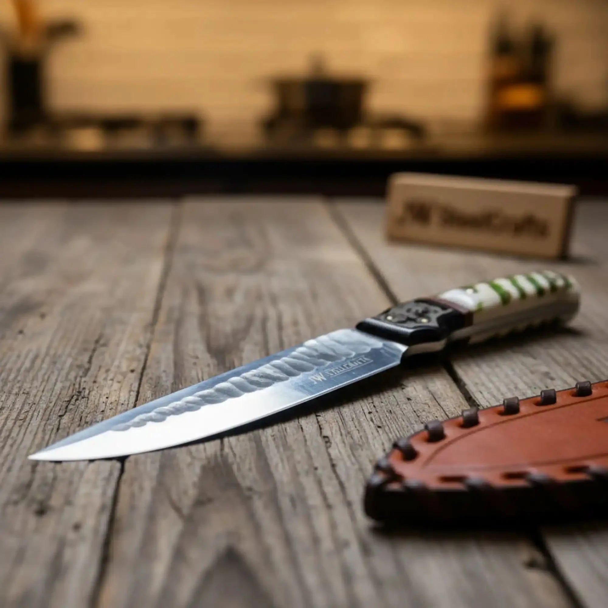10-Inch Hammered Spear Point Survival Knife — Ram Horn Black Resin Handle, Tiger Engraved Copper Bolster & Leather Sheath by JW SteelCrafts, leather knife sheath detail photo 2