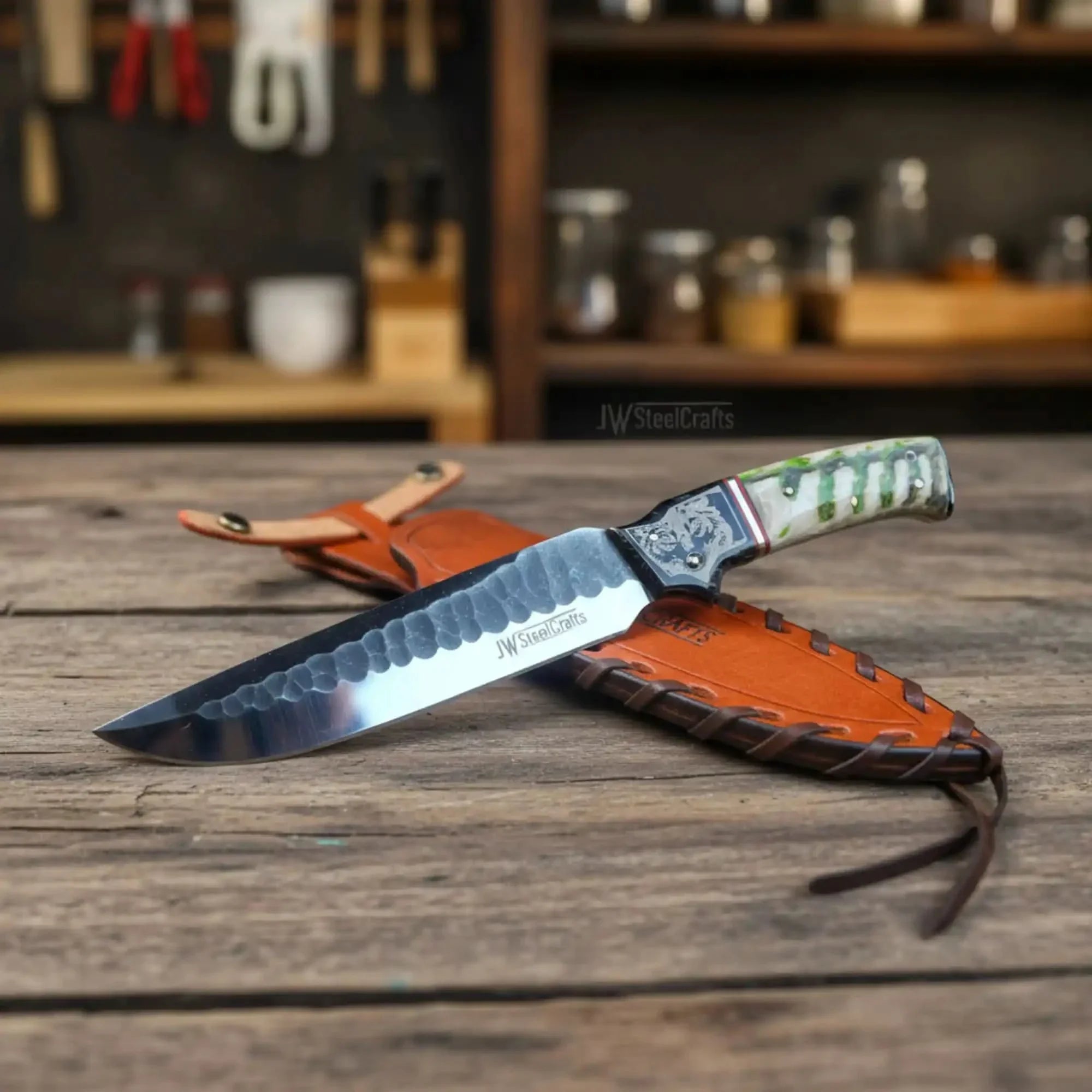 10-Inch Hammered Spear Point Survival Knife — Ram Horn Black Resin Handle, Tiger Engraved Copper Bolster & Leather Sheath by JW SteelCrafts, leather knife sheath main product photo