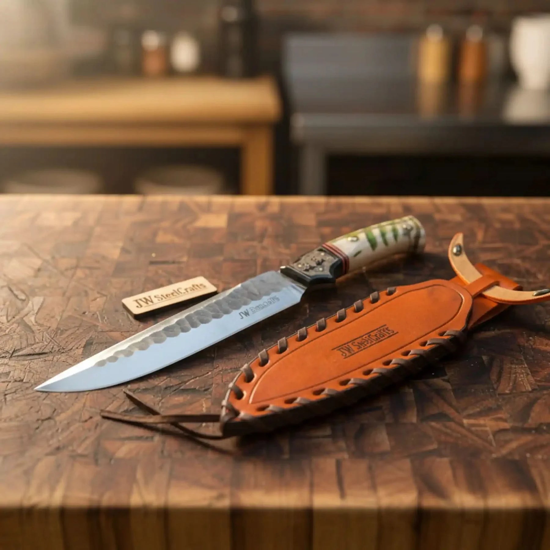 10-Inch Hammered Spear Point Survival Knife — Ram Horn Black Resin Handle, Tiger Engraved Copper Bolster & Leather Sheath by JW SteelCrafts, leather knife sheath detail photo 3
