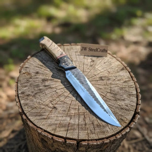 High Carbon Steel Fixed Blade Knife — Hammered Drop Point Blade, Ram Horn & Black Resin Handle by JW SteelCrafts, Damascus knife main product photo