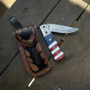 Damascus Folding Pocket Knife — American Flag Handle by JW SteelCrafts, Damascus knife main product photo