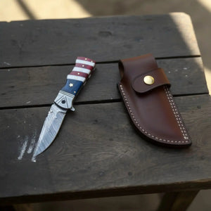 Damascus Folding Pocket Knife — American Flag Handle by JW SteelCrafts, Damascus knife detail photo 3