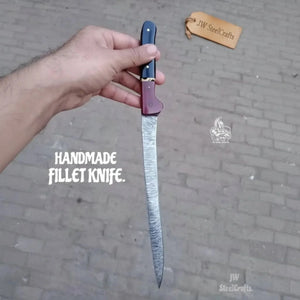 13-Inch Forged Damascus Boning & Fillet Knife — Blue and Red Two-Tone Resin Handle, Steel Bolster & Silver Pins
