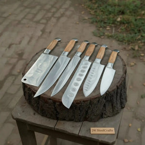 7-Piece Stainless Steel Kitchen Knife Set — Olive Wood Handles, Steel Bolsters and Leather Kit by JW SteelCrafts, Damascus knife detail photo 4