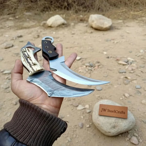 Damascus Steel Karambit Pair, Stag Horn & Wood Handle, 9-inch Blade