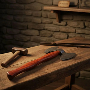 Handmade Viking Camp Axe, Broad Crescent Pattern-Welded Blade