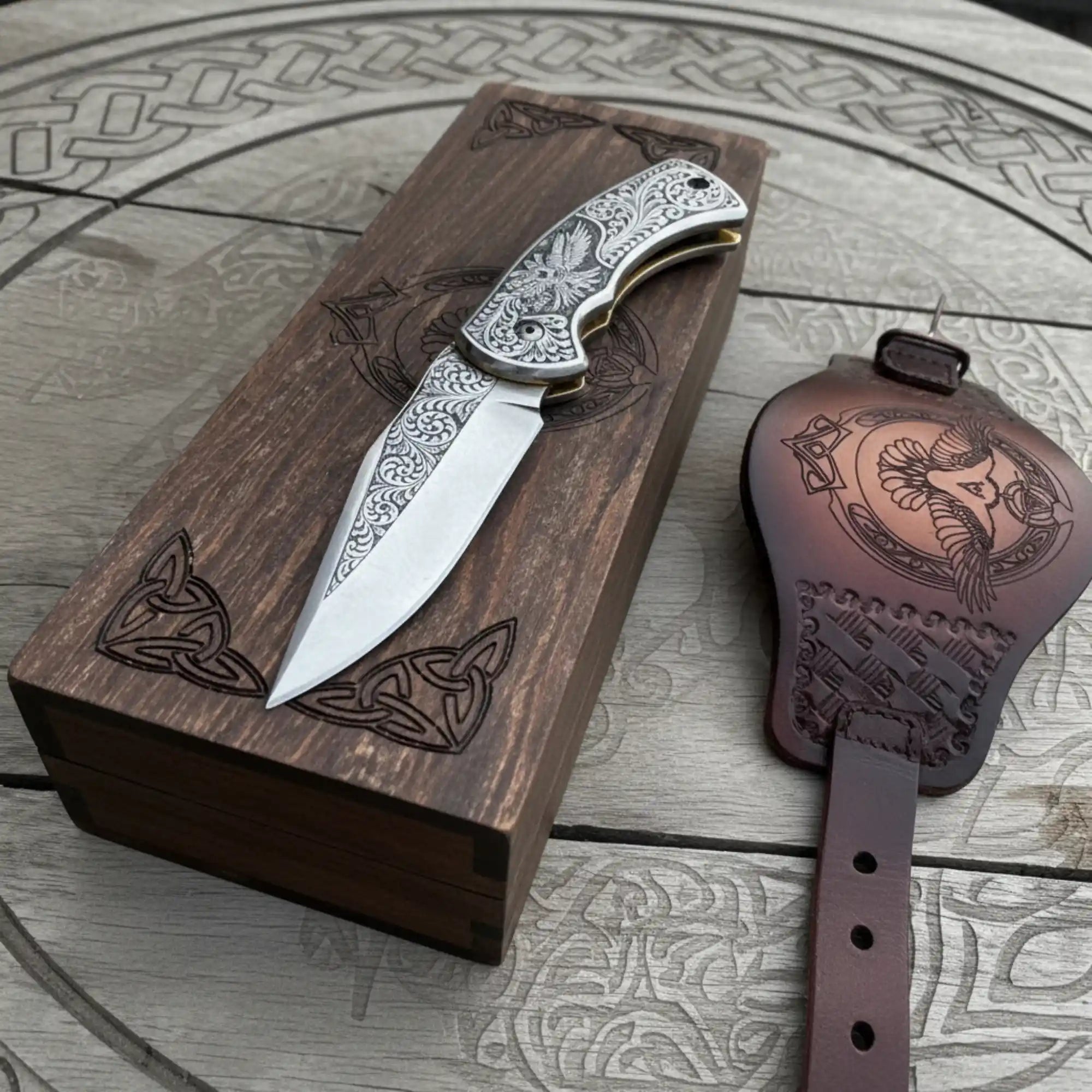 Hand Engraved Folding Knife — Eagle Motif Stainless Steel Scales by JW SteelCrafts, Damascus knife detail photo 2