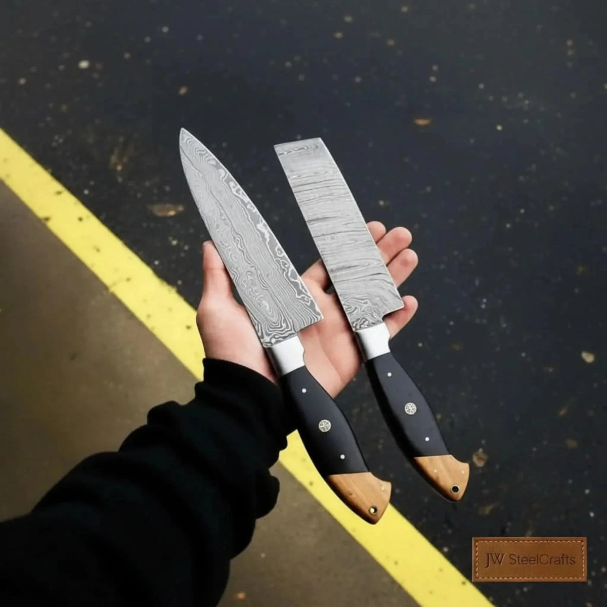 Twisted Damascus 12” Cleaver & 13” Chef Knife – Black Micarta and Olive Wood by JW SteelCrafts