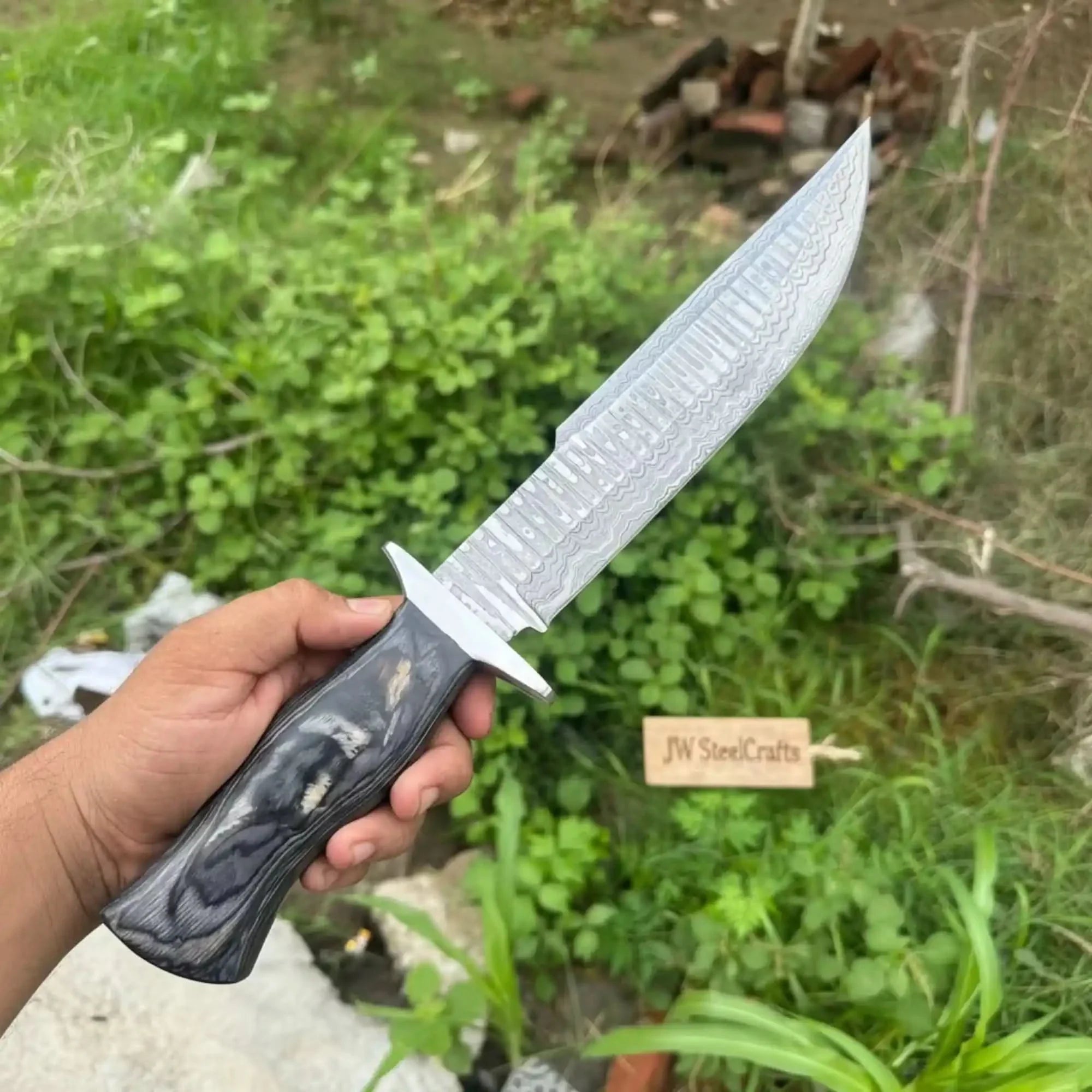 Handmade Damascus Recurve Clip Point Bowie Knife 10” Fixed Blade Outdoor Survival Knife by JW SteelCrafts, Damascus knife main product photo